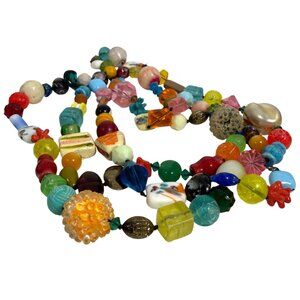 Colorful Handmade Glass & Ceramic Beaded Necklace 61" Long Boho Eclectic Style